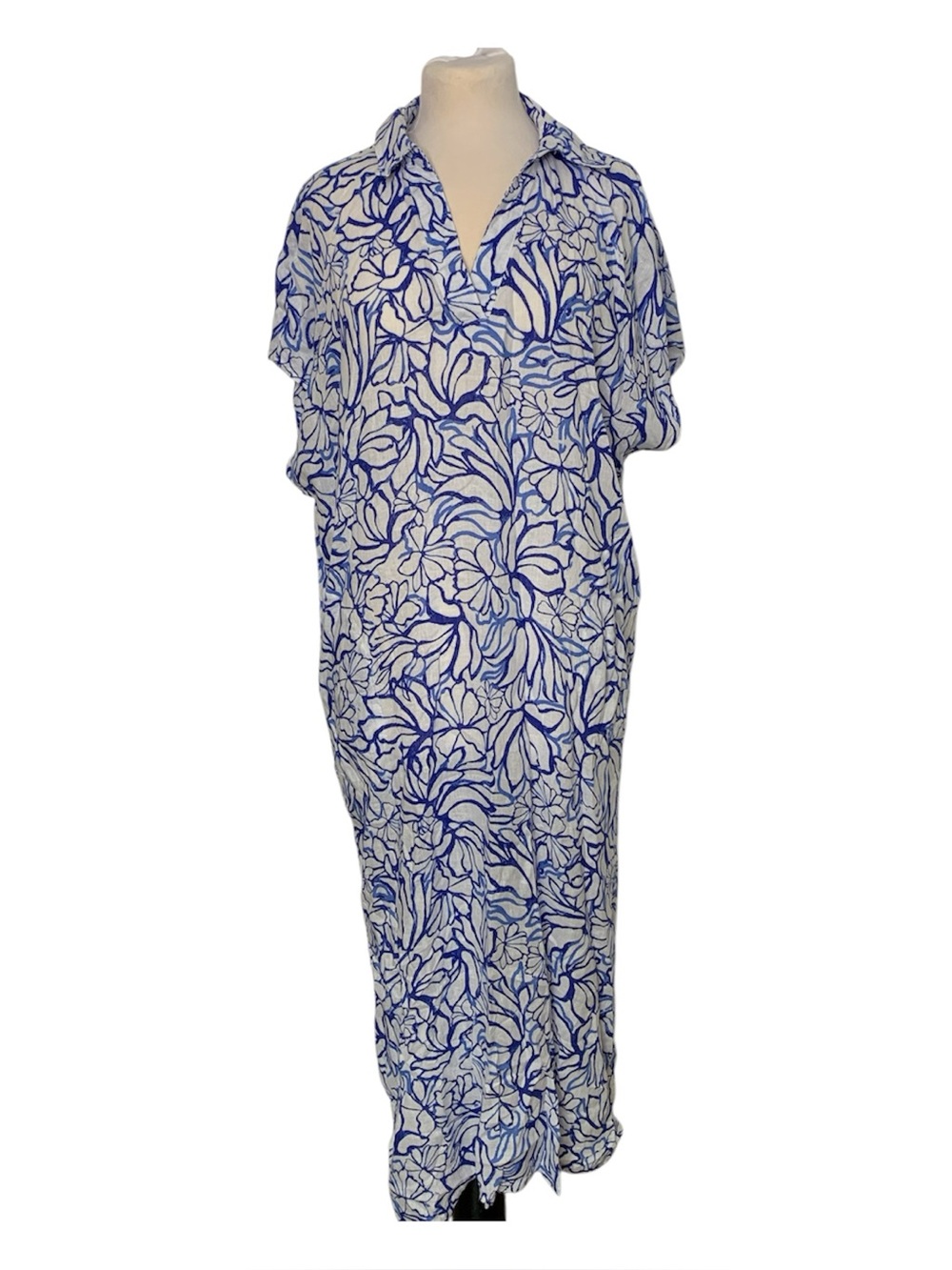 Linen Blend Midi/Maxi Blue and White Floral Dress Coastal lagen beachy medium